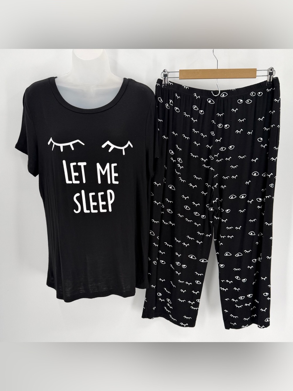 MAXMODA Pajamas Womens L Black White 2 Pc Set Crop Pant Short Slv Top Sleepwear